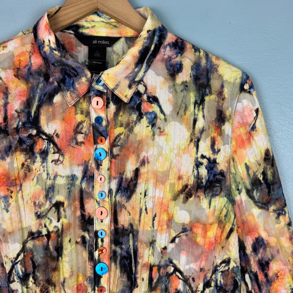 Ali‎ Miles Women's L Colorful Abstract Artistic Button Long Sleeve Blouse Shirt